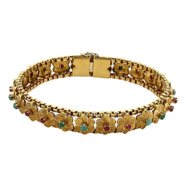 Mid 20th Century Multi-Gems 18k Yellow Gold Floral Link Bracelet For Sale