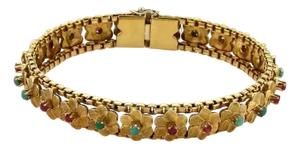 Mid 20th Century Multi-Gems 18k Yellow Gold Floral Link Bracelet