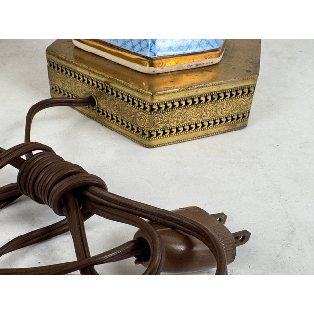 Ceramic Mid 20th Century Pair of Vintage Hand Painted Porcelain Table Lamps With Lion Crest and Brass Base For Sale - Image 7 of 9