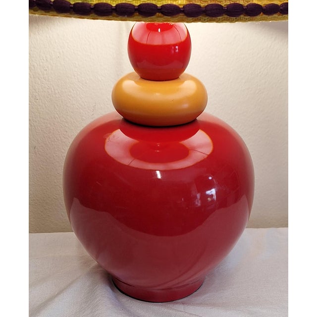 Green Vintage Table Lamp with Red and Yellow Ceramic Base and Fabric by Lamplove, 1980s For Sale - Image 8 of 10