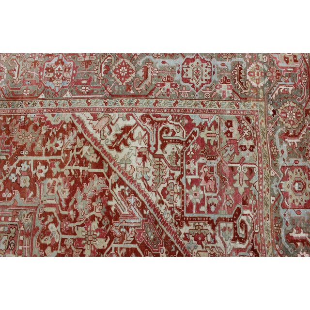 Gray Green, Taupe Border, Soft Red Heriz With Geometric Medallion 11'6 X 14'5 For Sale - Image 9 of 16