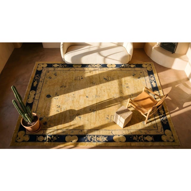 Captivating Beige Background and Black Border With Chinoiserie Pattern Antique Chinese Peking Rug For Sale - Image 9 of 11