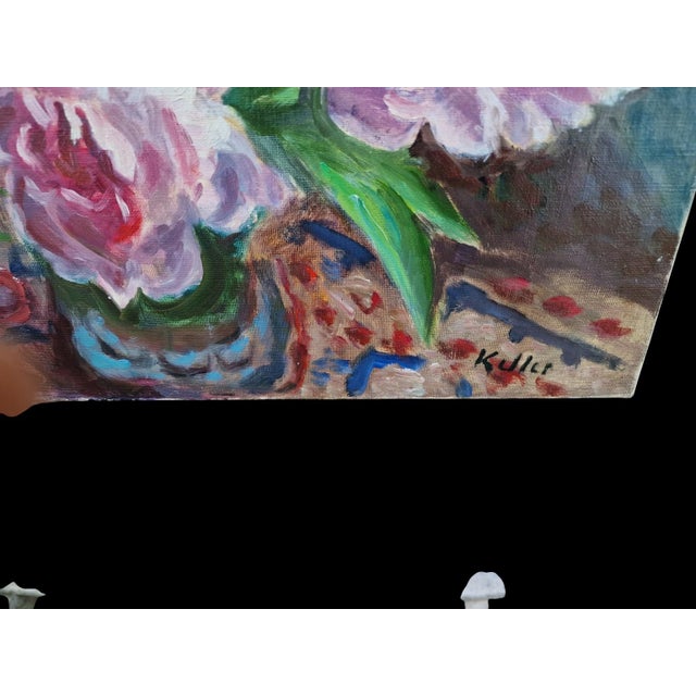 Still Life with Peonies. Oil on canvas, depicting a floral arrangement of pink peonies in a vase, signed and dated lower...