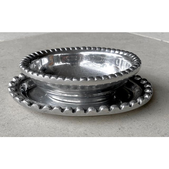 Circa 1980 Beaded Rim Byzantine-Inspired Mexican Pewter Oval Bowl & Underplate Set For Sale - Image 4 of 18