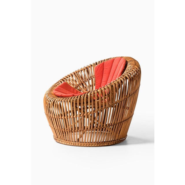 1950s Easy Chair in Cane, Fabric and Rattan by Franco Albini, 1950s For Sale - Image 5 of 8