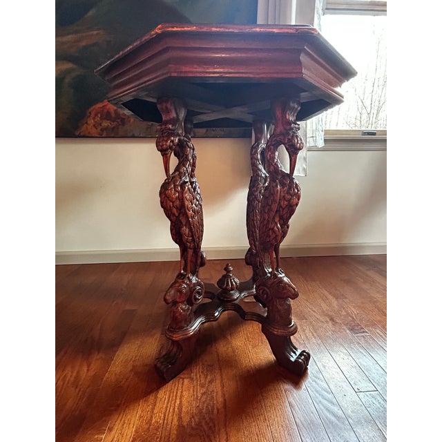 Antique 1920’s Figural Carved Storks With Rams Heads Octagonal Lamp Table For Sale - Image 4 of 12