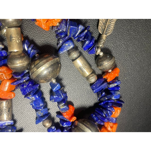 Native American Vintage Navajo Native American Style, Lapis and Coral Shell Necklace, Sterling Silver Hollowed Body ‘Navajo Pearls’ and Silver Feathered Accents. For Sale - Image 3 of 7
