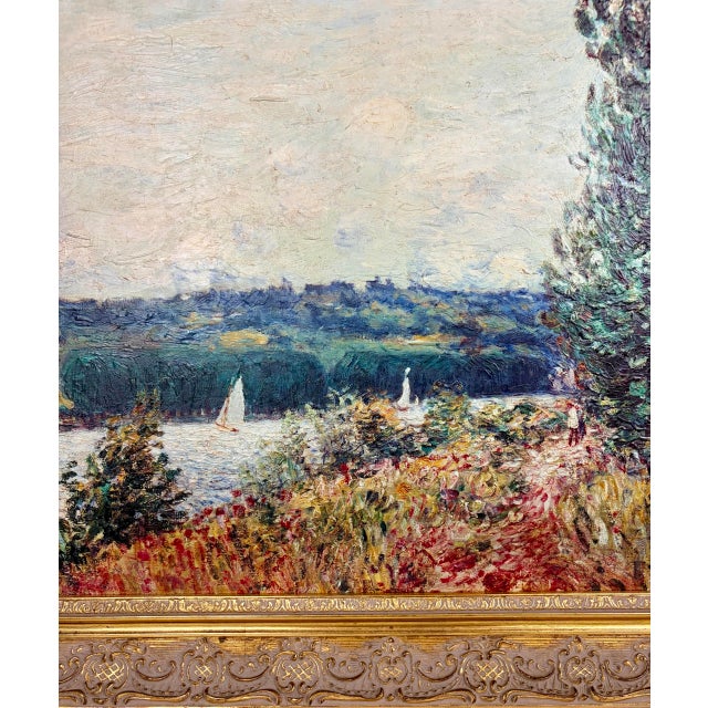French Country Late 20th Century Framed Oil on Canvas Impressionist River Landscape After Alfred Sisley – The Seine at Bouille For Sale - Image 3 of 8