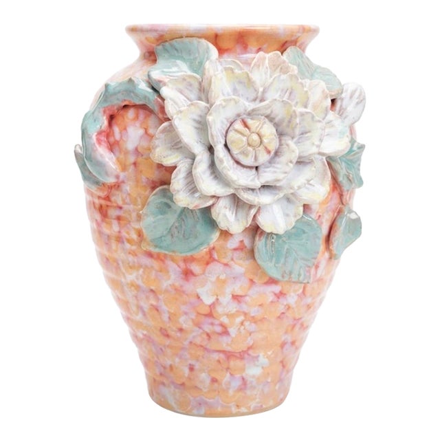 Vintage Bát Tràng Sculptural Ceramic Vase With 3d Floral Applique For Sale