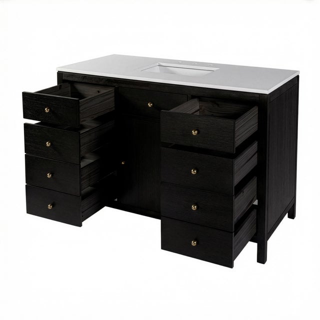 2020s Nora 48 in. W Quartz and Wood Single Sink 8 Drawer Bathroom Vanity Set, Antique Coffee For Sale - Image 5 of 11