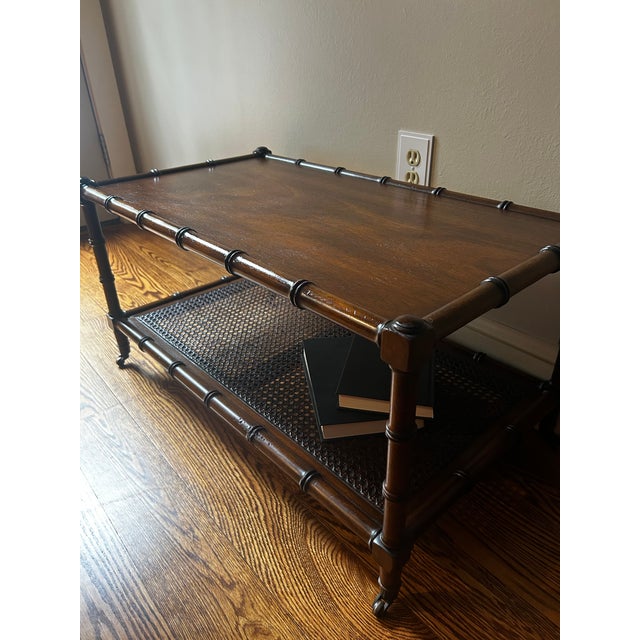 Vintage Mid-Century Faux Bamboo Walnut Coffee Table With Cane Shelf & Casters For Sale - Image 6 of 16