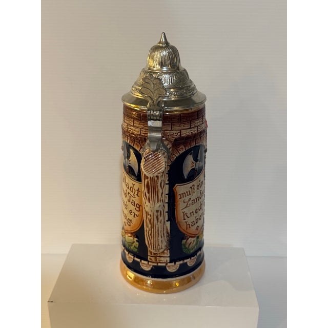 Vintage Gerz West Germany Medieval Relief Beer Stein With Pewter Lid – 9.5” For Sale - Image 4 of 12