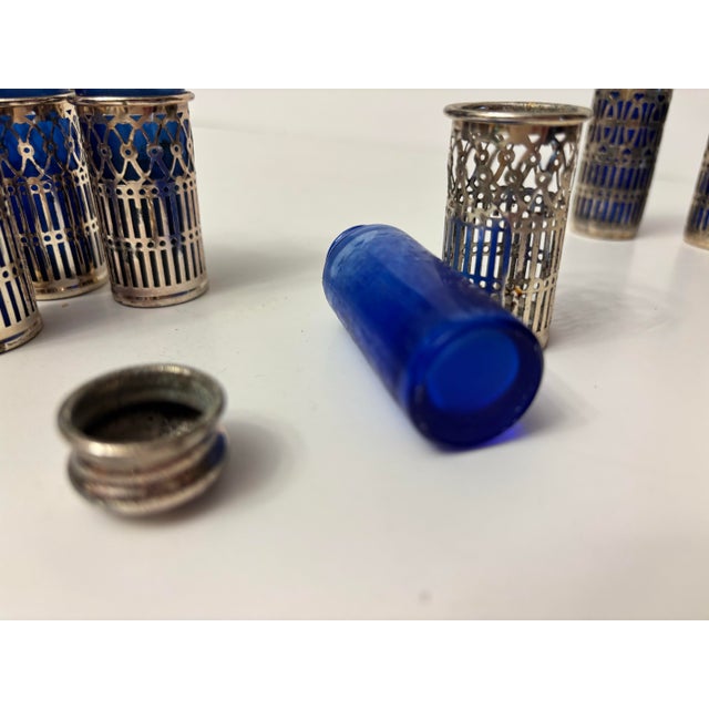 Blue Mid 20th Century Collection of Vintage Cobalt Blue Glass Salt and Pepper Shakers With Silverplate Filigree For Sale - Image 8 of 11