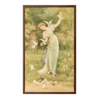 Early 20th Century Continental School Woman With Doves Oil For Sale