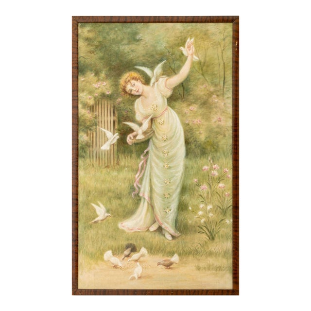 Early 20th Century Continental School Woman With Doves Oil For Sale