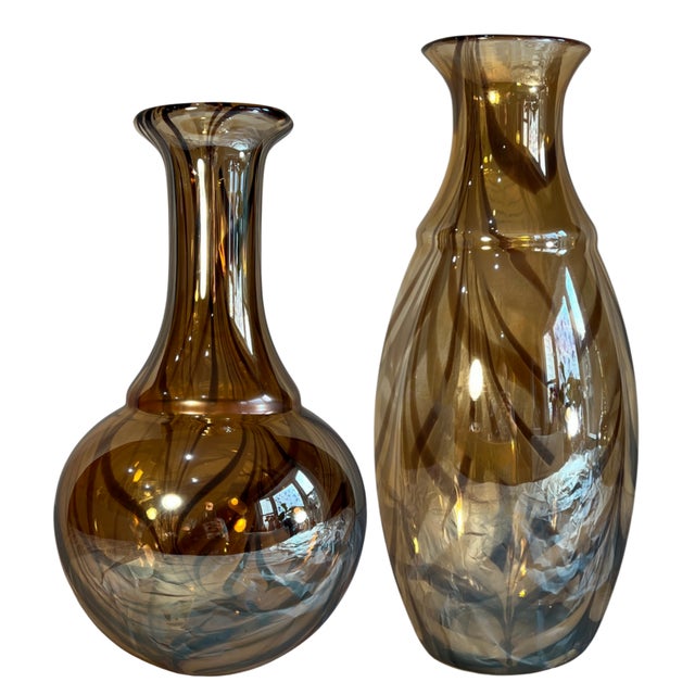Glass Art Glass Abstract Iridescent Tortoise Shell Vases- Set of Two For Sale - Image 7 of 18