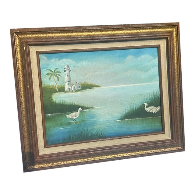 1990s Lighthouse and Egrets Seascape Painting on Canvas, Signed by the Artist, Framed For Sale