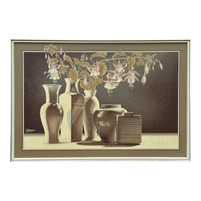 Vintage Letterman Large Framed Flowers and Vases Still Life Canvas Painting For Sale