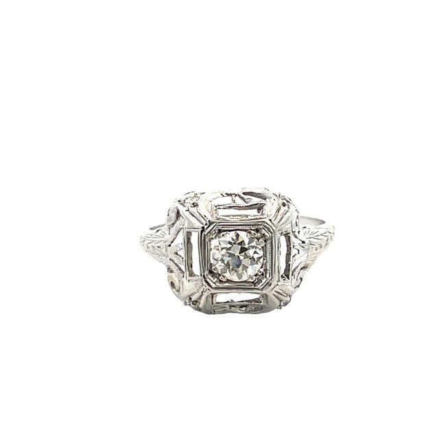 Mid 20th Century Platinum Art Deco Old European Cut Diamond Filigree Ring, Size 6.25 For Sale - Image 9 of 10