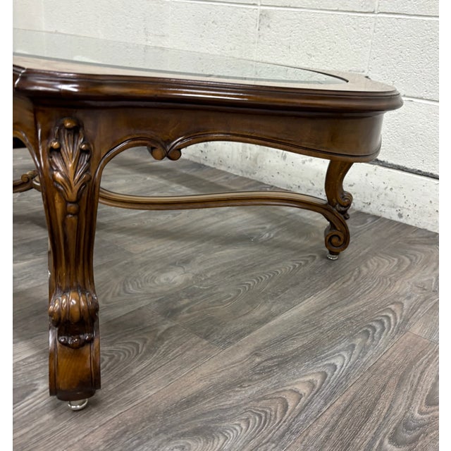 Vintage Karges Louis XV Style Hand Carved Walnut Glass Top Coffee Table For Sale - Image 9 of 14