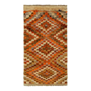 1950s Vintage Tulu Rug in Orange, Beige-Brown Diamond Geometric Pattern