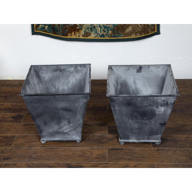 Gray Pair of Industrial Style Grey Metal Planters with Tapered Lines and Ring Pulls For Sale - Image 8 of 11