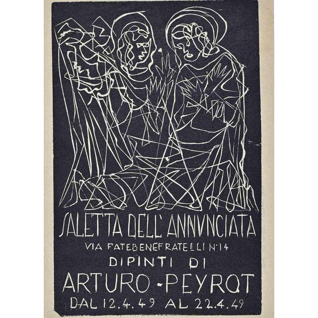 Woodcut print realized by Arturo Payrot as invitation to his personal exhibition at Saetta dell'Annunciata, in 1949. Not...