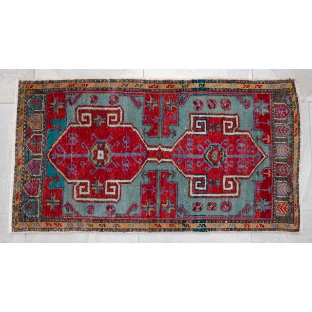 1960s Vintage Faded Rug Hand Knotted Small Rug Mat For Sale - Image 4 of 7