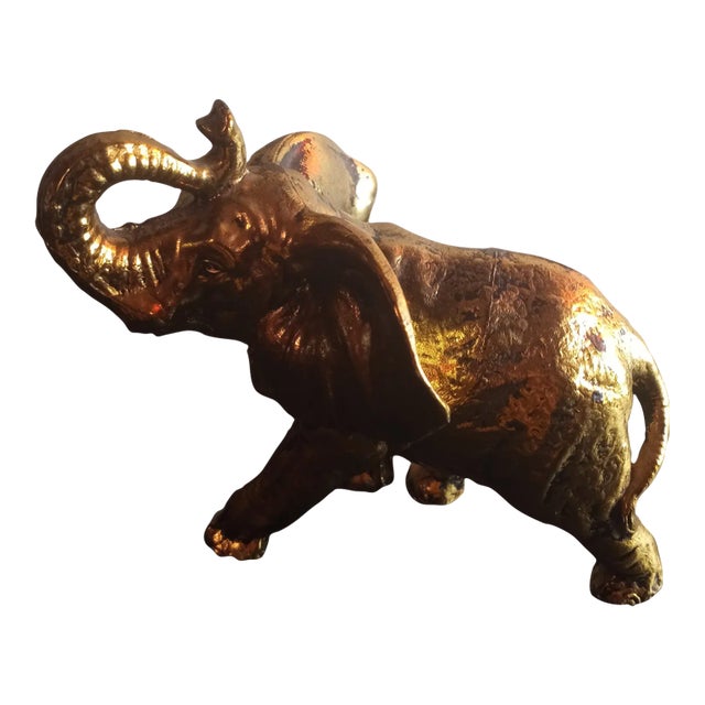 1970s Gold Tone Pot Metal Trunk Up Lucky Elephant Figurine For Sale