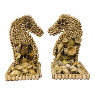 Vintage Shell Decorated Seahorse Bookends- Set of 2 For Sale