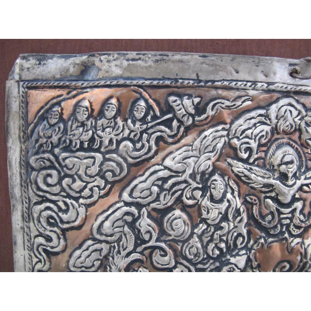 Asian Antique Tibetan or Bhutan Silver Plated Copper Repousse Buddhist Yama Wall Plaque For Sale - Image 3 of 7