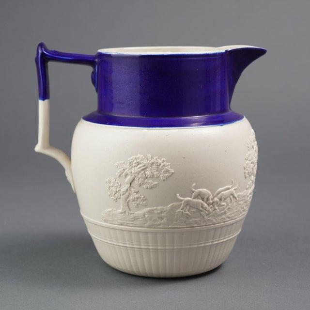 19th Century English Stoneware Hunt Jug With Cobalt Detail, C. 1800's For Sale - Image 5 of 11