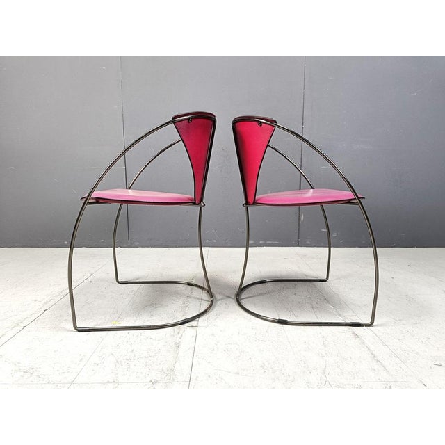 Vintage 'linda' pink leather and metal dining chairs by Arrben Italy. Flashy pink colour. Good condition. 1980s - Italy...
