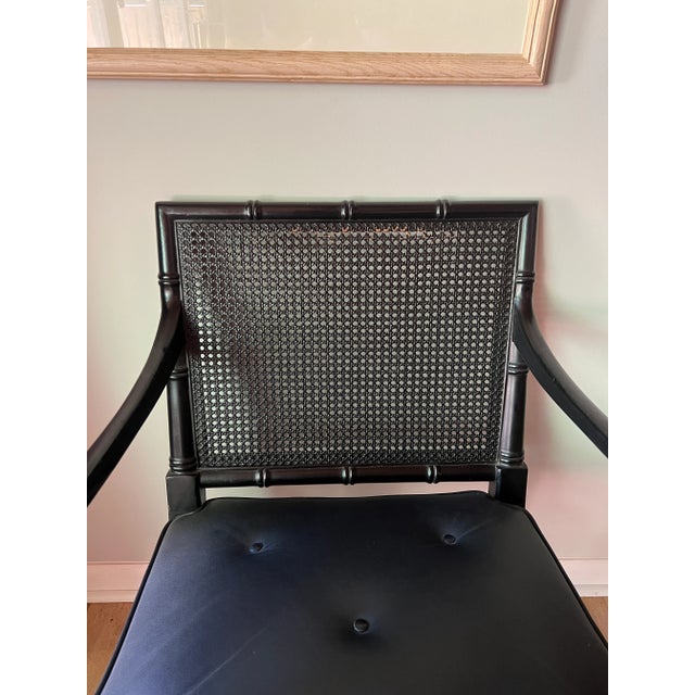 Pair, Regency Style Ebonized Faux Bamboo, Leather & Cane Back Armchairs For Sale In Boston - Image 6 of 9