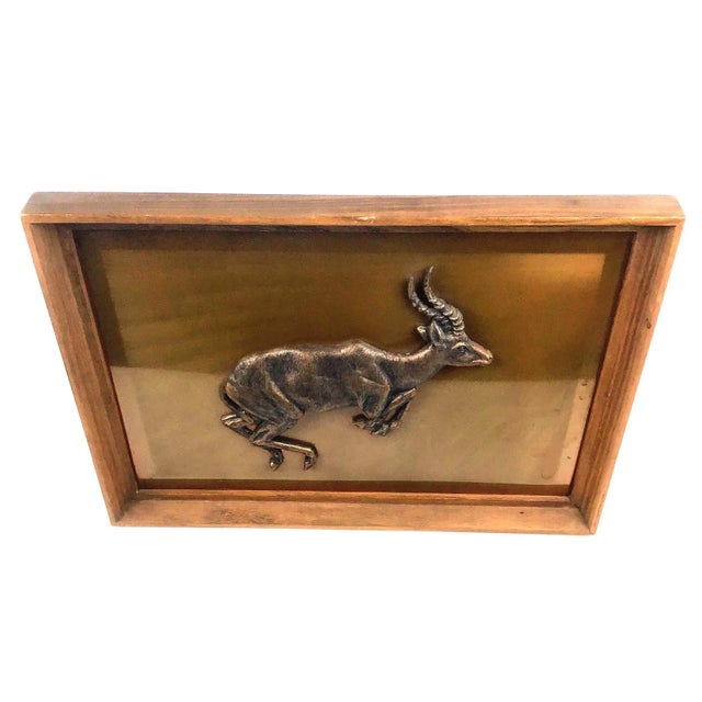 African 1950s Vintage Zambian Copper Hand Carved Impala Framed Wall Sculpture For Sale - Image 3 of 8