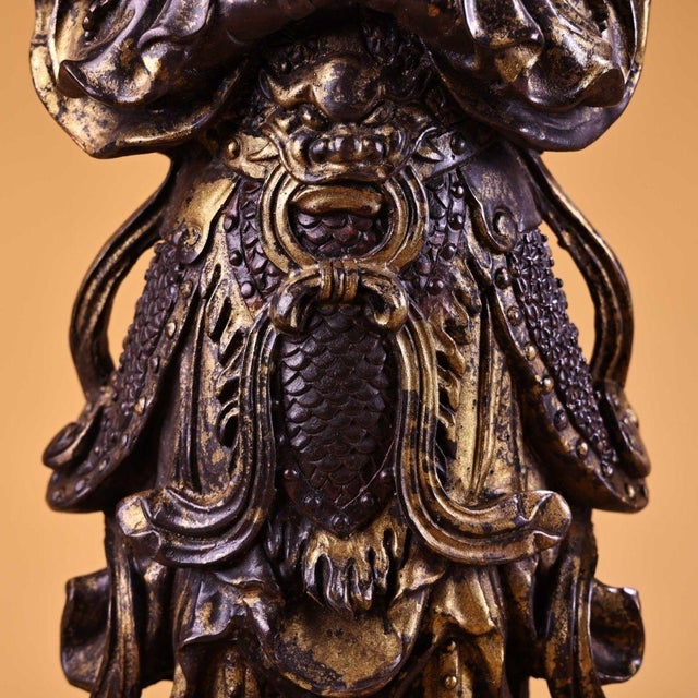 Metal Vintage Gilt Copper Wei Tuo Guardian Deity Sculpture, Buddhist Temple Standing Statue For Sale - Image 7 of 9