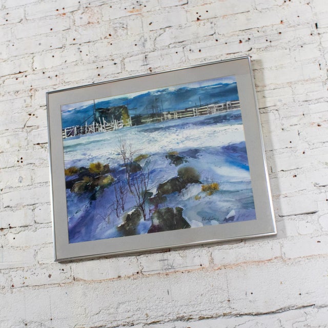 Marvelous vintage 1985 watercolor landscape winter farm scene signed by G. Russell Case with gray matte & aluminum frame....