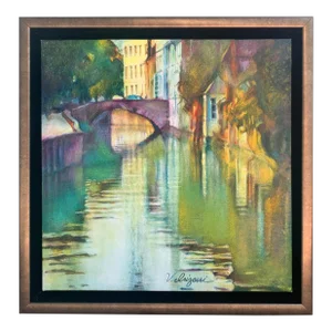 Contemporary Expressionist Original Oil Painting of the River Seine, France Along the Canal, Framed