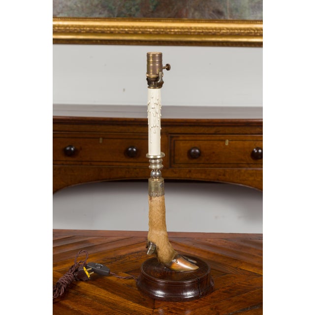 arly 20th Century English Deer Leg Wired Table Lamp Dated 1908, Mounted on a Circular Wooden Base For Sale - Image 11 of 11