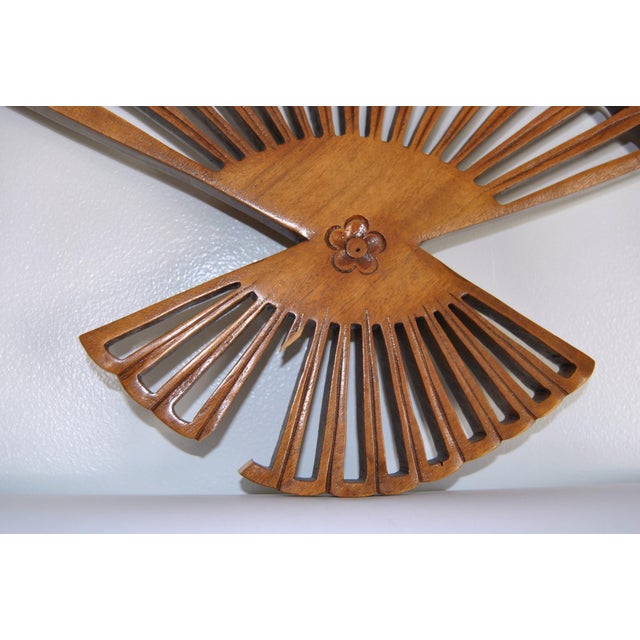 Japanese Rosewood Scuptured Wall Fan With Cherry Blossom Birds and Bamboo Trees For Sale - Image 9 of 9