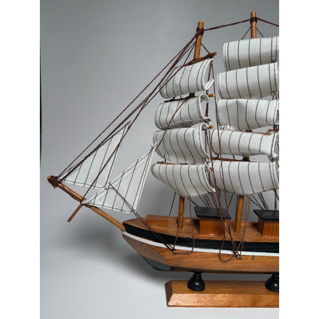 Vintage Americana Nautical Wooden Decorative Clipper Tall Ship Model, Black, White & Brown For Sale - Image 4 of 12