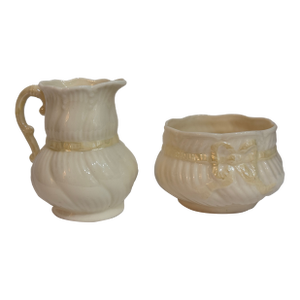 1990s Belleek Ireland Ribbon & Bow Creamer and Sugar Bowl Set | Ivory Porcelain | Art No. 0051