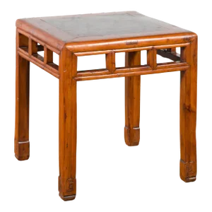 Vintage Chinese Elm Side Table with Burl Wood Top and Scrolling Carved Feet