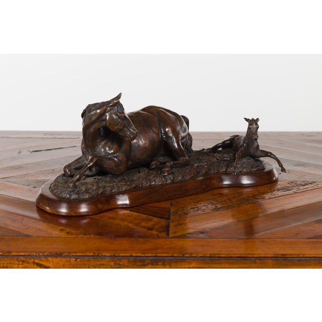 Wood Signed Suzanne Fiedler Cast Bronze Sculpture of a Mare and Her Foal Dated 1974 For Sale - Image 7 of 11