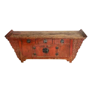 Early 19th Century Antique Qing Dynasty Chinese Coffer Buffet with Everted Ends & Carved Flanges