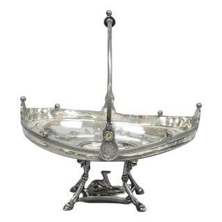 Antique Reed & Barton English Regency Figural Bread Basket With Whippet Dog Base For Sale