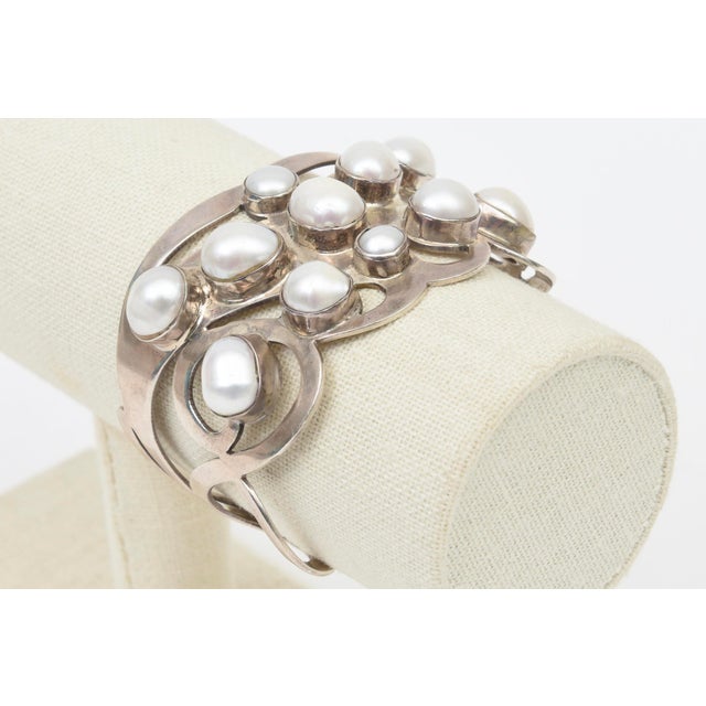 Vintage Sterling Silver and Pearl Artisan Wide Cuff Bracelet, 1980's. For Sale - Image 9 of 11