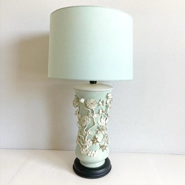 Gorgeous oversize Italian ceramic vase lamp hand glazed in matte sea foam green with applied creamy white dimensional...