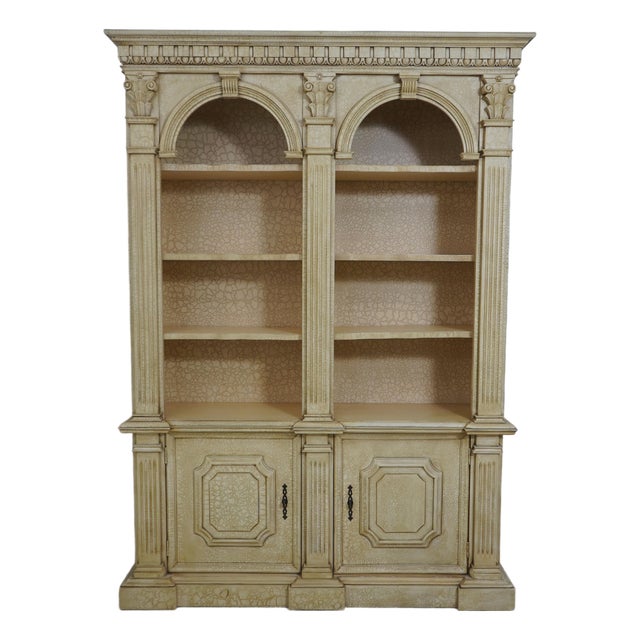 Crackle Painted Finish Double Arched Top Open Bookcase For Sale