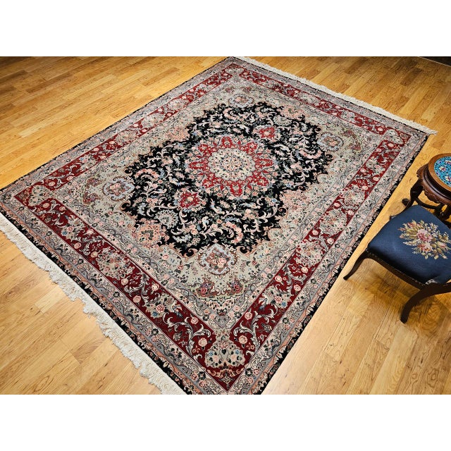 Vintage Persian Tabriz Rug, Hand-Knotted Wool & Silk, Floral Garden Pattern, Black & Red, 8x10 For Sale - Image 9 of 18